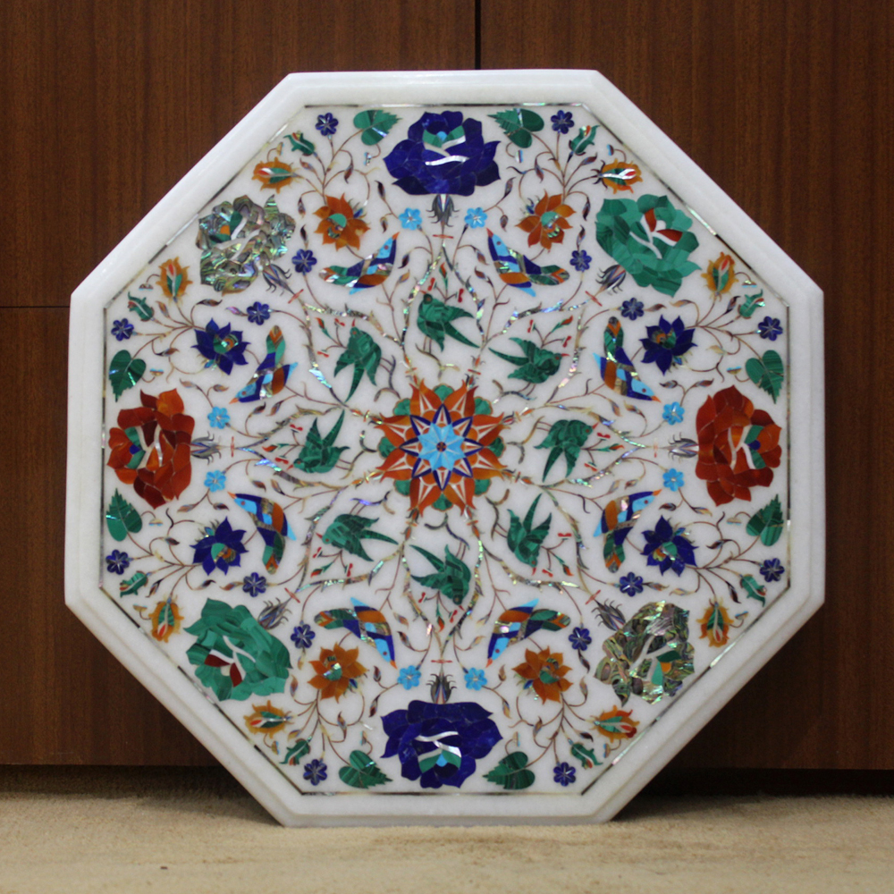 12x12 Inch White Marble Lapis Lazuli & Malachite Center Floral Inlay Marquetry Art Coffee Table Top