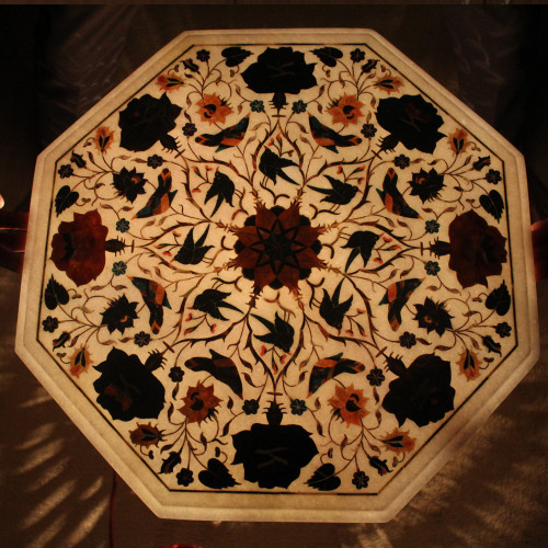 18" White Marble Table WIth Wooden Pedestal, Beautiful Inlay Art With Floral and Marquetry Work Pietra Dura Vintage Art Work.