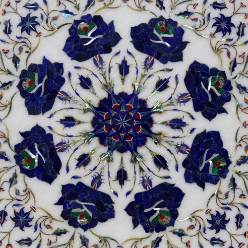 24" Beautiful Floral Lapis Lazuli Table Top With Wooden Pedestal, Pietra Dura Craft Work White Marble With Semi Precious Gemstones Table 