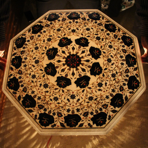 24" Beautiful Floral Lapis Lazuli Table Top With Wooden Pedestal, Pietra Dura Craft Work White Marble With Semi Precious Gemstones Table 