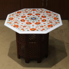 24" Carnelian Table, White Marble Inlaid With Semi Precious Gemstones. Marble Inlay Coffee Table, Center Table For Home, Pietra Dura Table