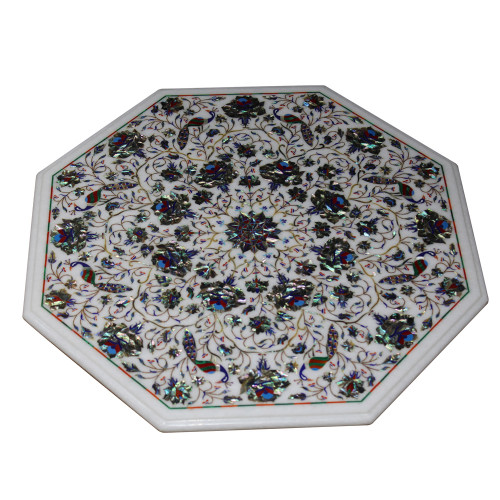 24" Antique Coffee Table, White Marble Inlaid With Semi Precious Gemstones,Handmade Pietra Dura Table For Home Decor, Floral & Marquetry Art