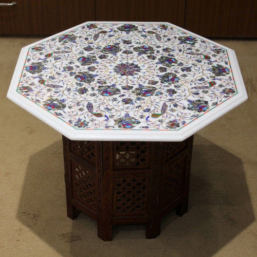 24" Antique Coffee Table, White Marble Inlaid With Semi Precious Gemstones,Handmade Pietra Dura Table For Home Decor, Floral & Marquetry Art