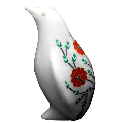 Floral Design White Alabaster Marble Penguin Statue For Home Decor