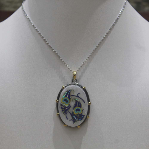 White Marble Jewelry Necklace Inlaid With Semi Precious Gemstones Hand Carved Peacock Feather Design Pendant