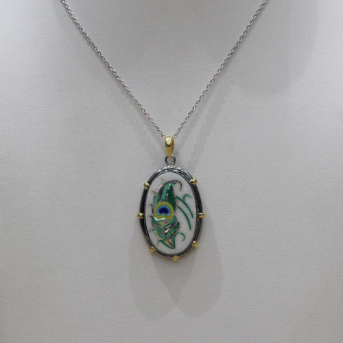 Unique Pendant White Onyx Inlaid With Semi Precious Gemstones