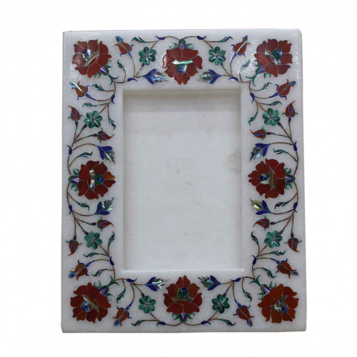 White Marble Photo Frame Multi Gemstone Marquetry Inlay Work Pietra Dura Mosaic