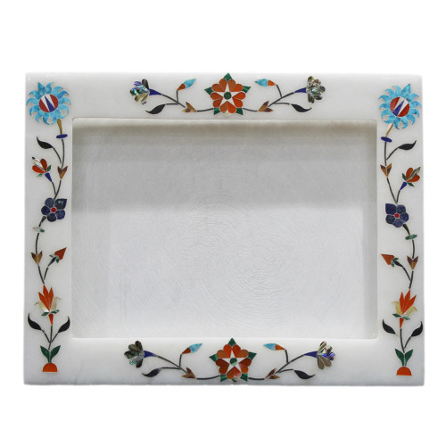 Photo Frame Floral Design White Alabaster Marble Inlaid Carnelian And Malachite Gemstone
