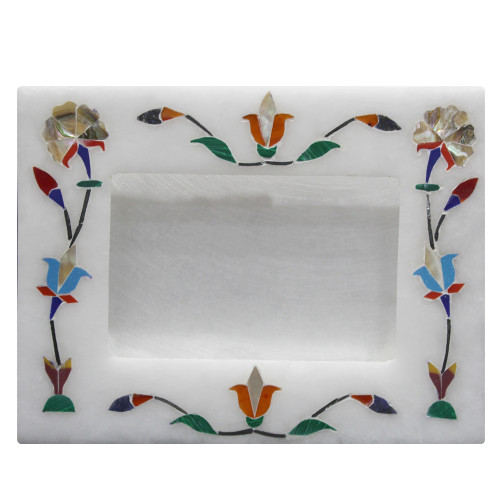Decorative White Alabaster Marble Picture Frame Inlaid Paua Shell And Malachite