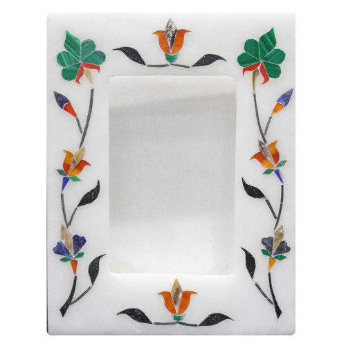 Indian Stone Art White Alabaster Marble Inlay Photo Frame