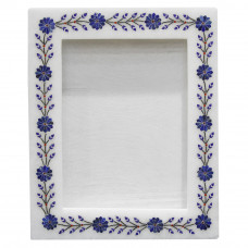 White Alabaster Photo Frame Inlaid Lapis Lazuli Gemstone
