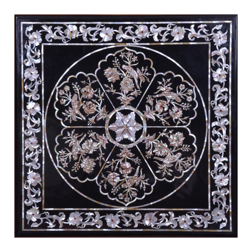 Black Marble Inlay Side Table Top 29" x 29" Inches | Handmade Pietra Dura Table Top For Home Decor 