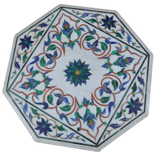 Octagonal Marble Side Table Top Floral Inlay Craft Work Unique Art Piece For Home Decor 