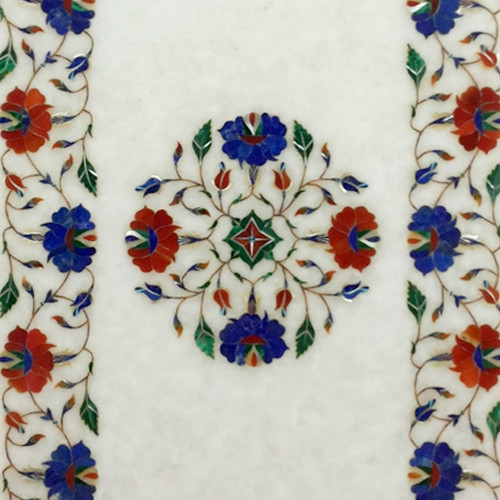 Rectangular White Marble Inlay Side Table Top Perfect Inlay Pietra Dura Work Floral Craft Design 