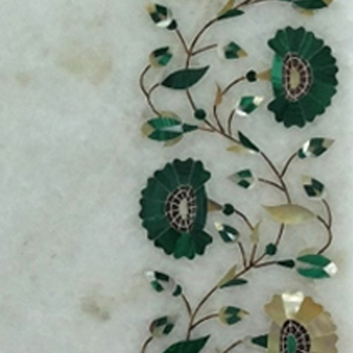 Rectangular White Marble Inlay Table Top Decorated With Semi Precious Gemstones 