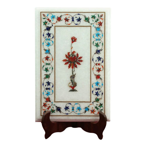 Handmade Marble Side Table Top Decorative Art Piece Inlaid With Semi Precious Gemstones 