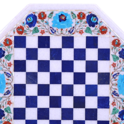 Pietra Dura Chess Table Top Inlaid With Semi Precious Gemstones Octagonal Shape Made By Indian Artisan