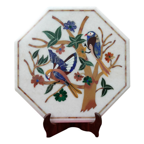Marquetry White Marble Inlay Side Table Top Bird Design Inlaid With Semi Precious Gemstones Antque Piece
