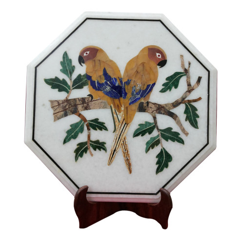Mosaic White Marble Inlay Side Table Top Beautiful Parrot Design Inlaid With Semi Precious Gemstones 