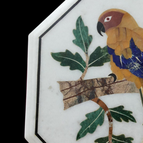 Mosaic White Marble Inlay Side Table Top Beautiful Parrot Design Inlaid With Semi Precious Gemstones 