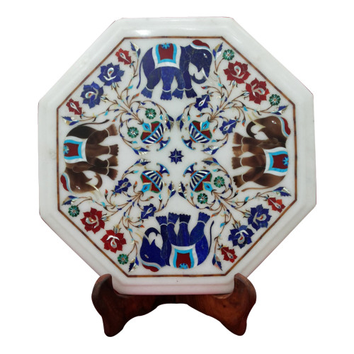Marquetry Elephant Design Side Table Top Inlaid With Semi Precious Gemstones Unique Inlay Art Piece
