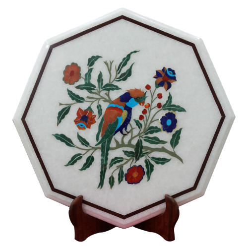 Handmade White Marble Inlay Side Table Top With Beautiful Parrot Design Decorated With Semi Precious Gemstones 