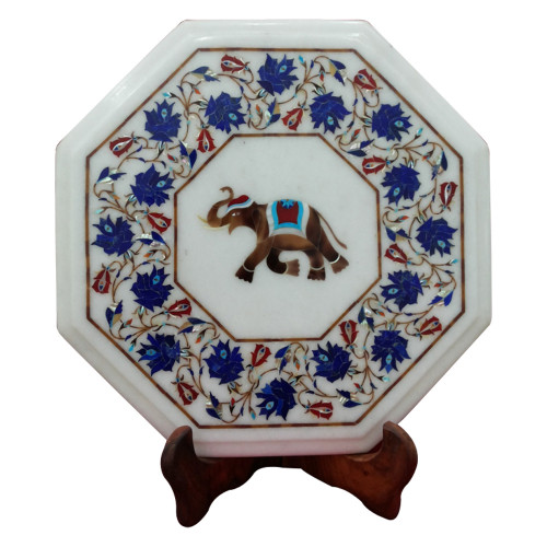 End Table Top White Marble Inlaid With Semi Precious Gemstones Traditional Elephant Design Pietra Dura Work | Inlaid Side Table Top For Home