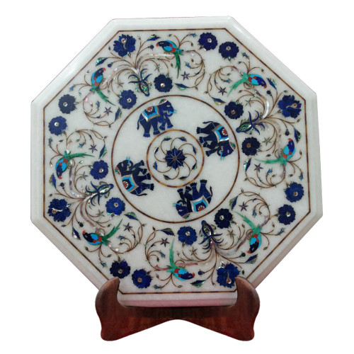 Home Furniture White Marble Inlay End Table Top Decor With Semi Precious Gemstones Pietra Dura Inlay Craft Work Handmade Art Piece For Home