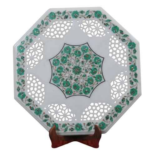 Inlaid Side Table Top White Marble Inlaid With Semi Precious Gemstones With Filigree Hand Work / Pietre Dure Side Table Top For Living Room