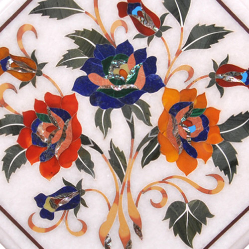  Floral Inlay Craft White Marble Side Table Top / Pietra Dura Craft Work Handmade Art Piece For Home Decor / Home Furniture 