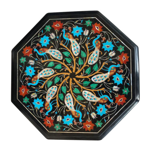 Black Marble Side Table Top With Peacock Design Inlay Art Work 