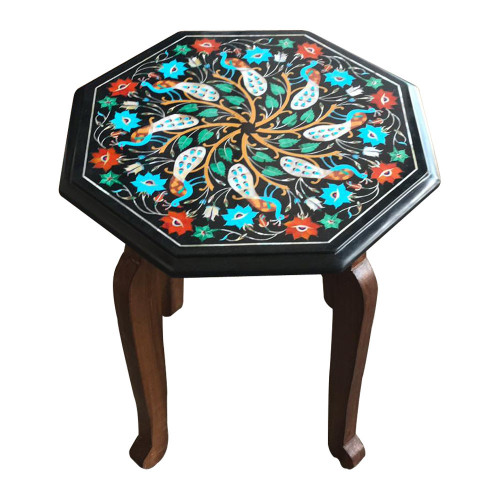 Black Marble Side Table Top With Peacock Design Inlay Art Work 