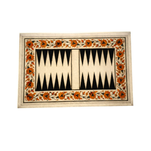 Decorative White Marble Backgammon Board Inlaid Carnelian Gemstone 