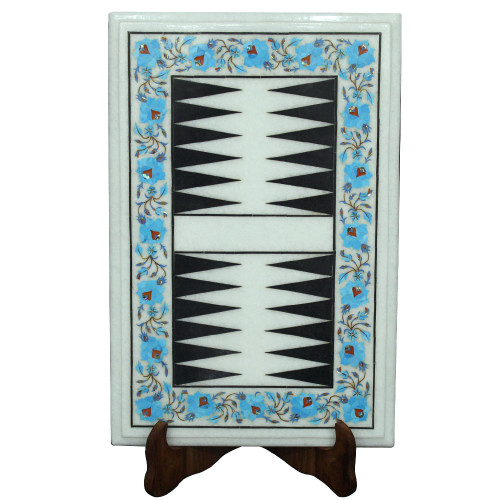 Turquoise White Marble Backgammon Game Inlaid Semiprecious Stones 