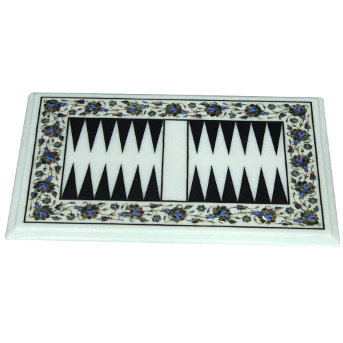 Deluxe White Marble Backgammon Inlaid Semiprecious Stones 