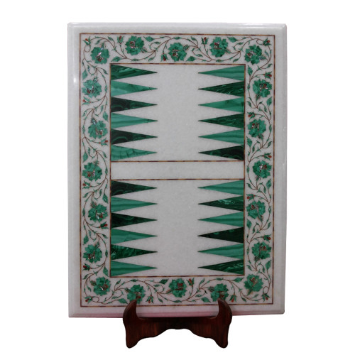 Inlaid White Marble Backgammon Game With Floral Craft Art Pietra Dura Decorated With Semi Precious Gemstones 