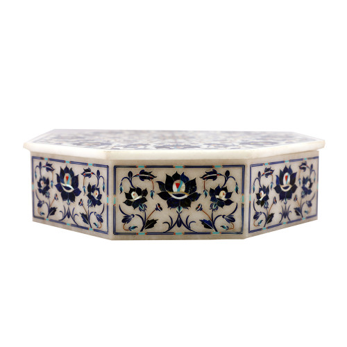 Octagonal White Marble Jewelry Box Inlaid Lapislazuli Gemstone