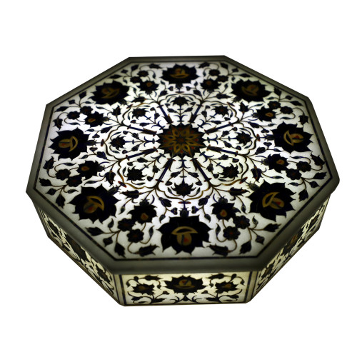 Octagonal White Marble Jewelry Box Inlaid Lapislazuli Gemstone