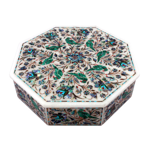 Octagonal White Marble Antique Jewelry Box Inlaid Malachite Gemstone