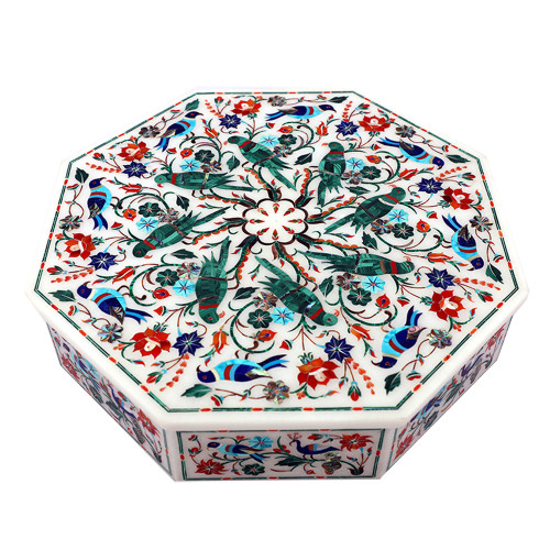 Octagonal White Unique Jewelry Boxes Pietra Dura Art Piece
