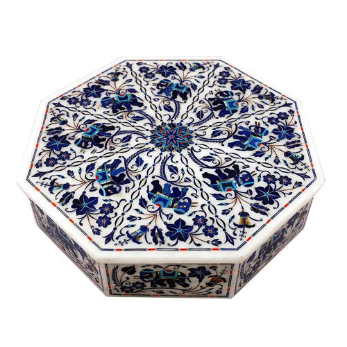 Octagonal White Marble Inlay Elephant Jewelry Box