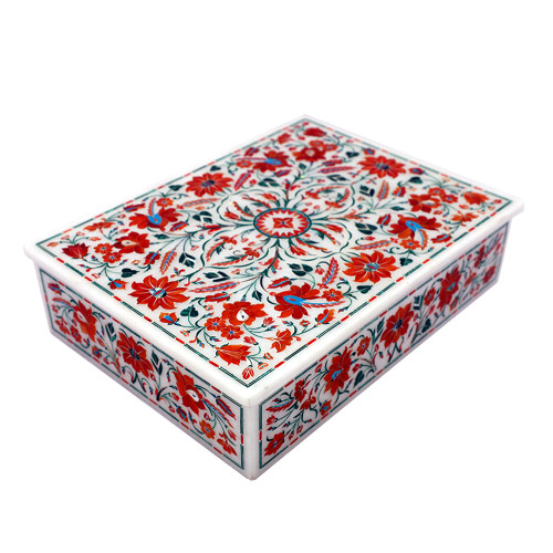 Rectangular White Marble Decorative Jewelry Box Inlaid With Carnelian Stone