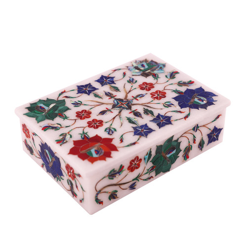 Beautiful Floral Decorative Jewelry Box Inlaid Semiprecious Gemstone