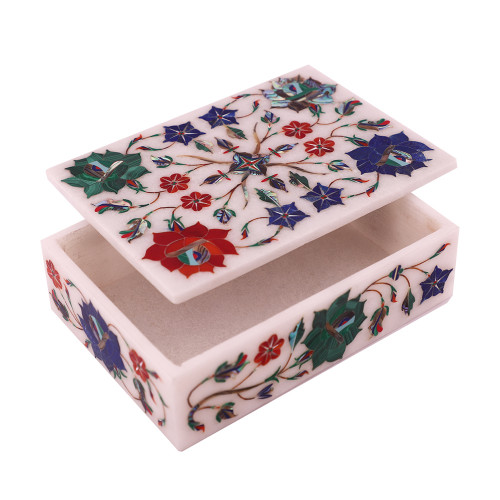 Beautiful Floral Decorative Jewelry Box Inlaid Semiprecious Gemstone