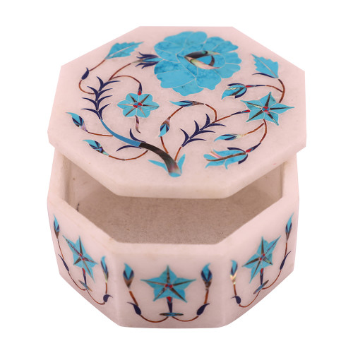 Turquoise Gemstone Inlay Octagonal White Marble Jewelry Box