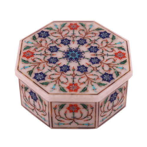 Octagonal White Antique Jewelry Box Pietra Dura