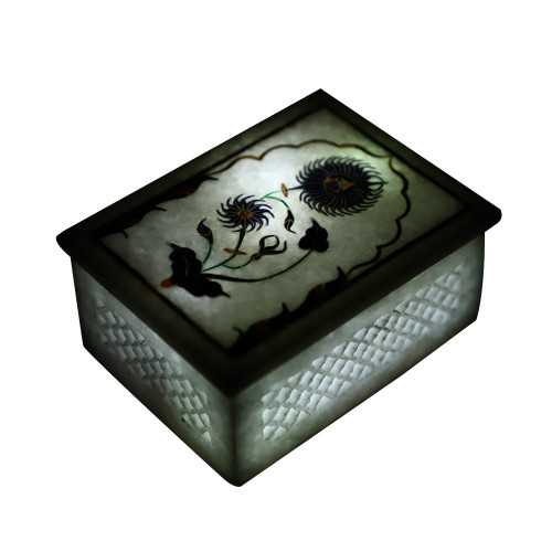 Rectangular White Marble Jewelry Box In Lattice Design