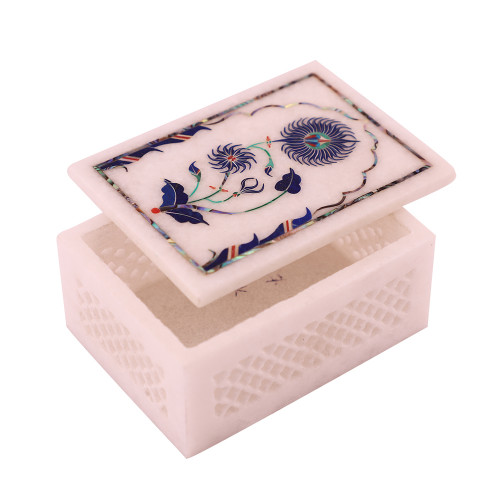 Rectangular White Marble Jewelry Box In Lattice Design
