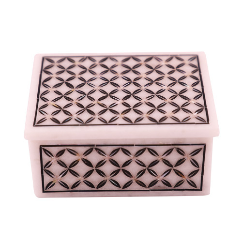 Rectangular White Marble Antique Jewelry Box Inlaid With Black Onyx Gemstone