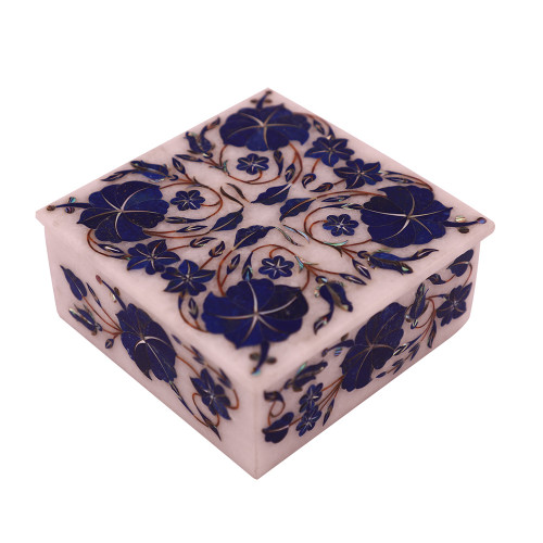 Square White Marble Jewelry Box Inlaid Lapiclazuli Stone